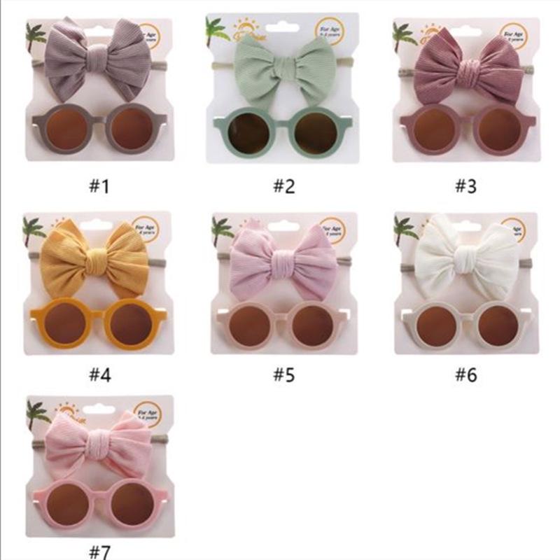 Летние детские солнцезащитные очки и мультяшные детские солнцезащитные очки с набором повязки на голову с хлопковым бантом в рубчик