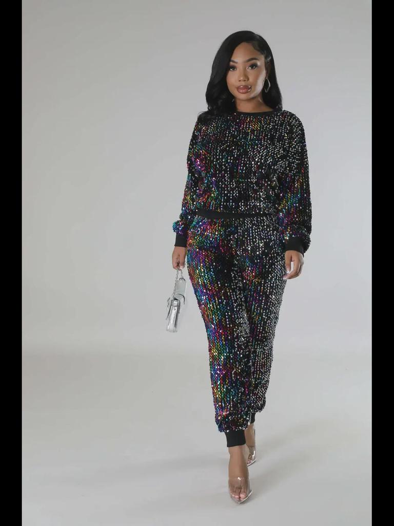 Европейский и американский женский костюм-двойка с длинными рукавами и пайетками - мода осень/зима для вечеринок и отдыха