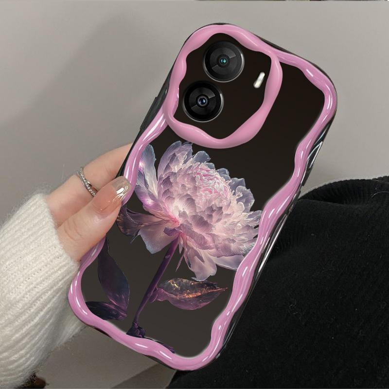 Силиконовый мягкий волнистый чехол с глянцевой цветочной оболочкой для мобильного телефона, черная задняя крышка для iPhone Samsung Xiaomi Redmi Poco