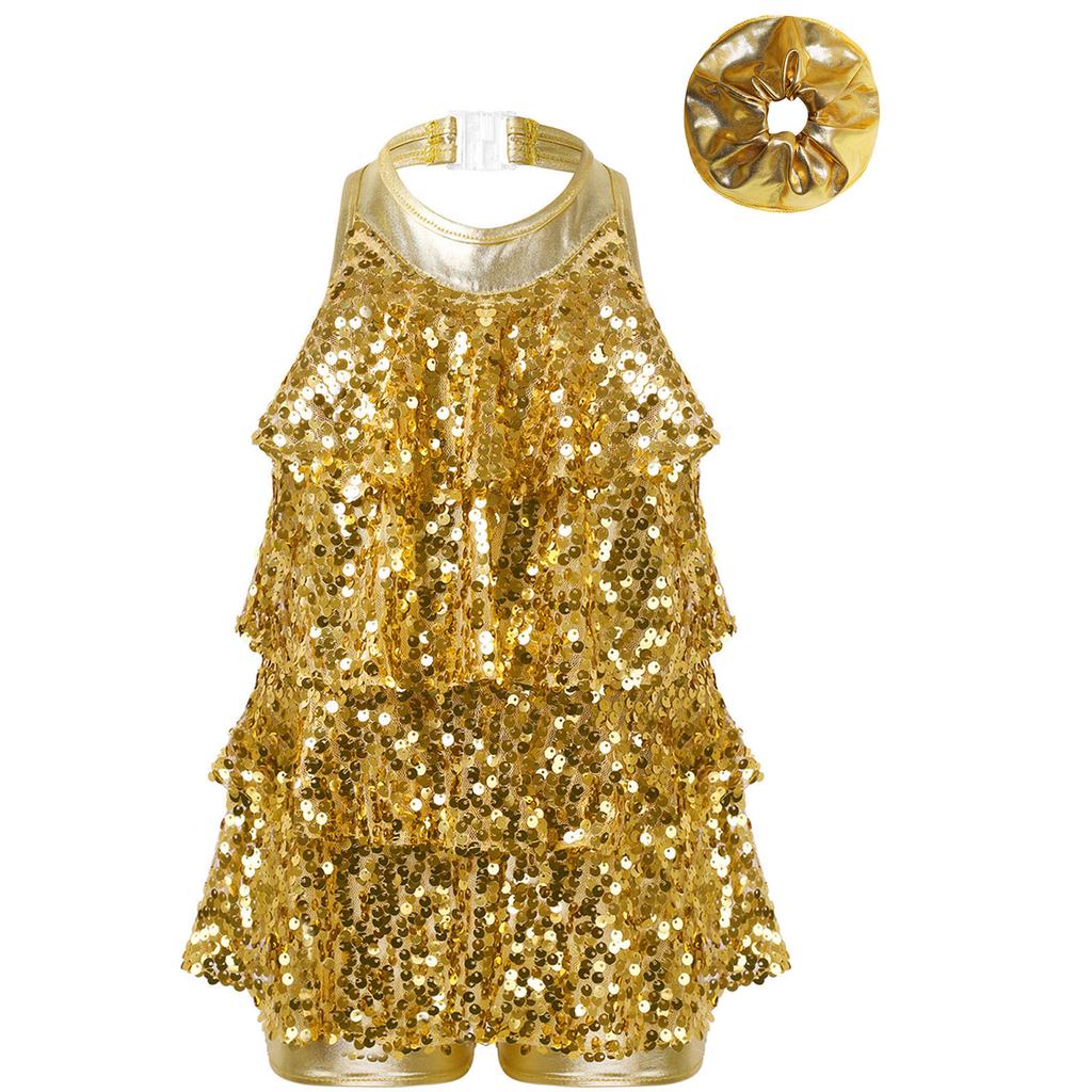 Kids Dance Leotard Halter Neck with Shiny Sequins Ruffles for Jazz Latin Performance Costume