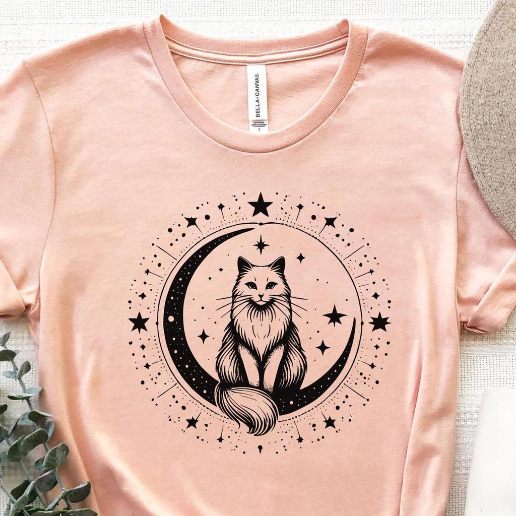Celestial Cat Shirt, Mystical Cat Shirt, Witchy Cat T-Shirt, Moon And Stars Cat Shirt, Vintage Aesthetic Cat Tee, Crescent Witchy Shirts