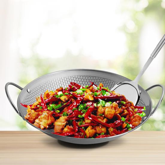 Stainless Steel Honeycomb Skillet Thickened Alcohol Stove Pot for Stir-Fry Deep Frying Non-Stick Surface Wok with Dual Handles