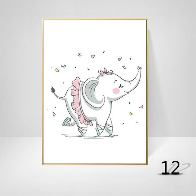 Картина на холсте с мультяшными животными, слон, кролик, воздушный шар, декоративная живопись для детской комнаты, креативное искусство, подвесная картина