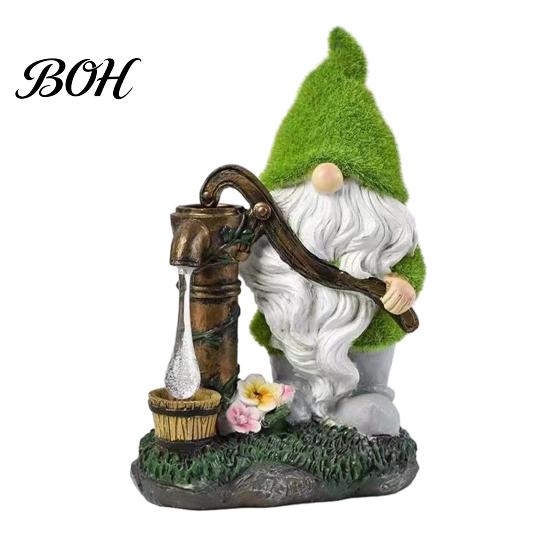 Solar Powered Yard Statue Garden Gnome with Light, Cute Resin Watering/Holding Plaque/Pumping Water Sculpture for Outdoor Patio Lawn Balcony