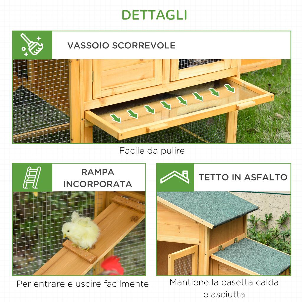 Chicken Coop with House and Open Area, Nest with Opening Roof and Wire Mesh, Yellow Wooden Chicken Coop, 168x75x103cm