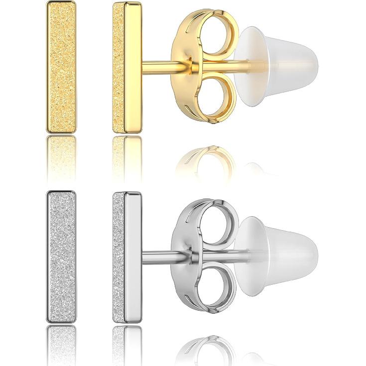 2 Pairs Initial Stud Earrings for Women – 316L Hypoallergenic Surgical Steel, 14K Gold Plated Letter Earrings Set, Includes Anti-Piercing Silicone