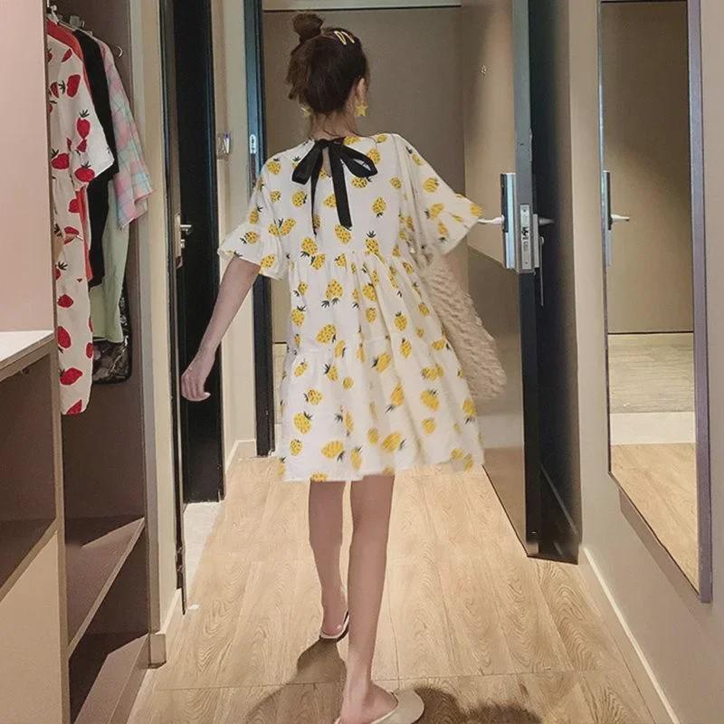 Летнее платье для беременных с цветочным принтом – корейский стиль, ягодный цвет, короткий рукав, свободный крой