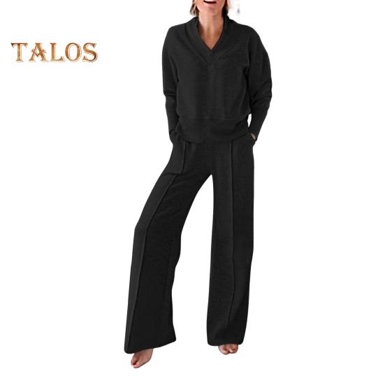 2 шт./комплект женский топ брюки комплект V-образный вырез длинные рукава свободная толстовка эластичный пояс широкие спортивные штаны спортивный наряд осенний повседневный спортивный костюм