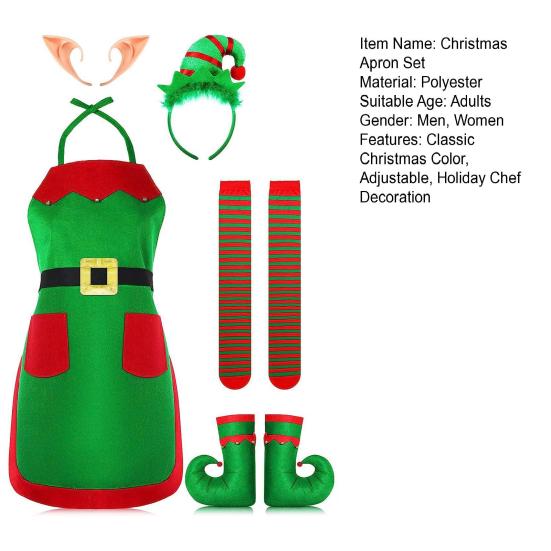 3/4/5 шт. классический рождественский фартук, шляпа, повязка на голову, костюм для вечеринки, комплект с ухами эльфа, для взрослых, кухня, рождественский праздник, украшение для шеф-повара