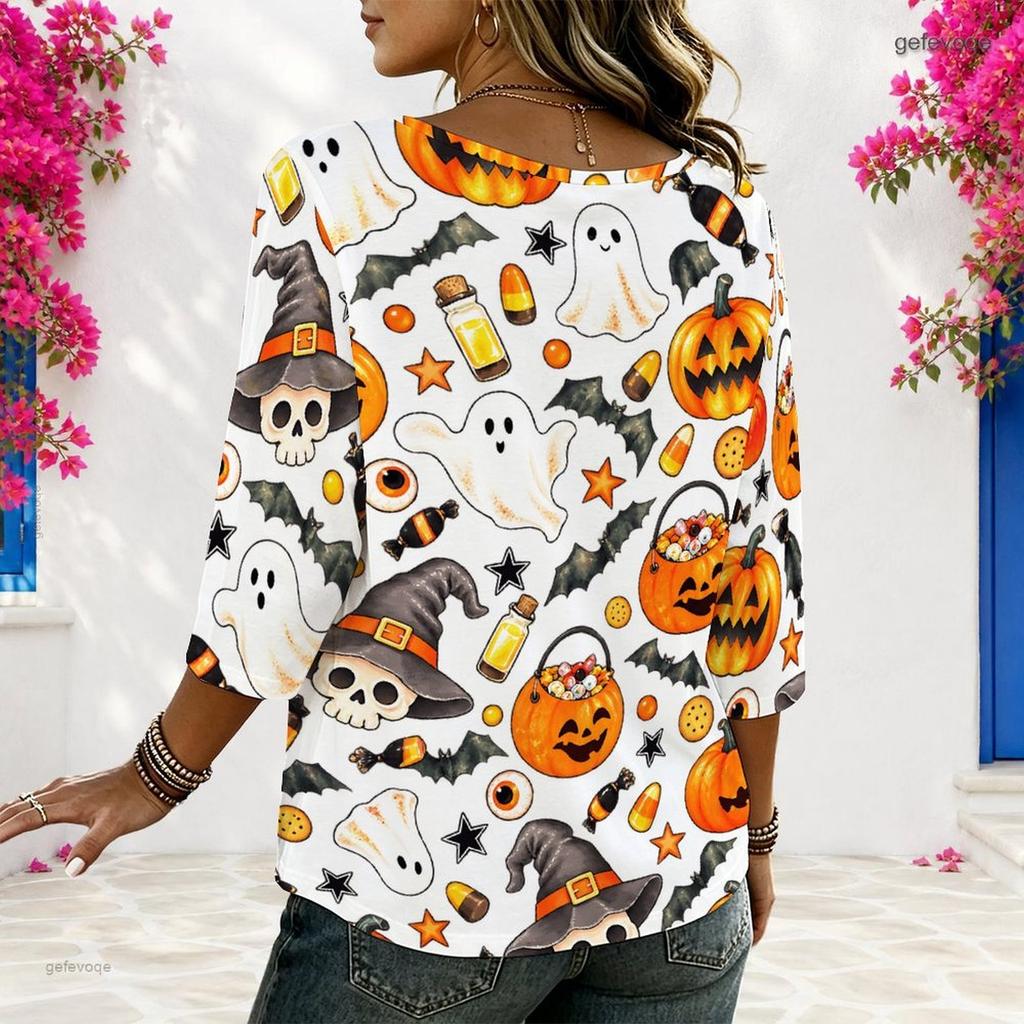 Women Plus Size Round Neck Half Sleeve Loose Halloween Black Cat Pumpkin Printed Blouse