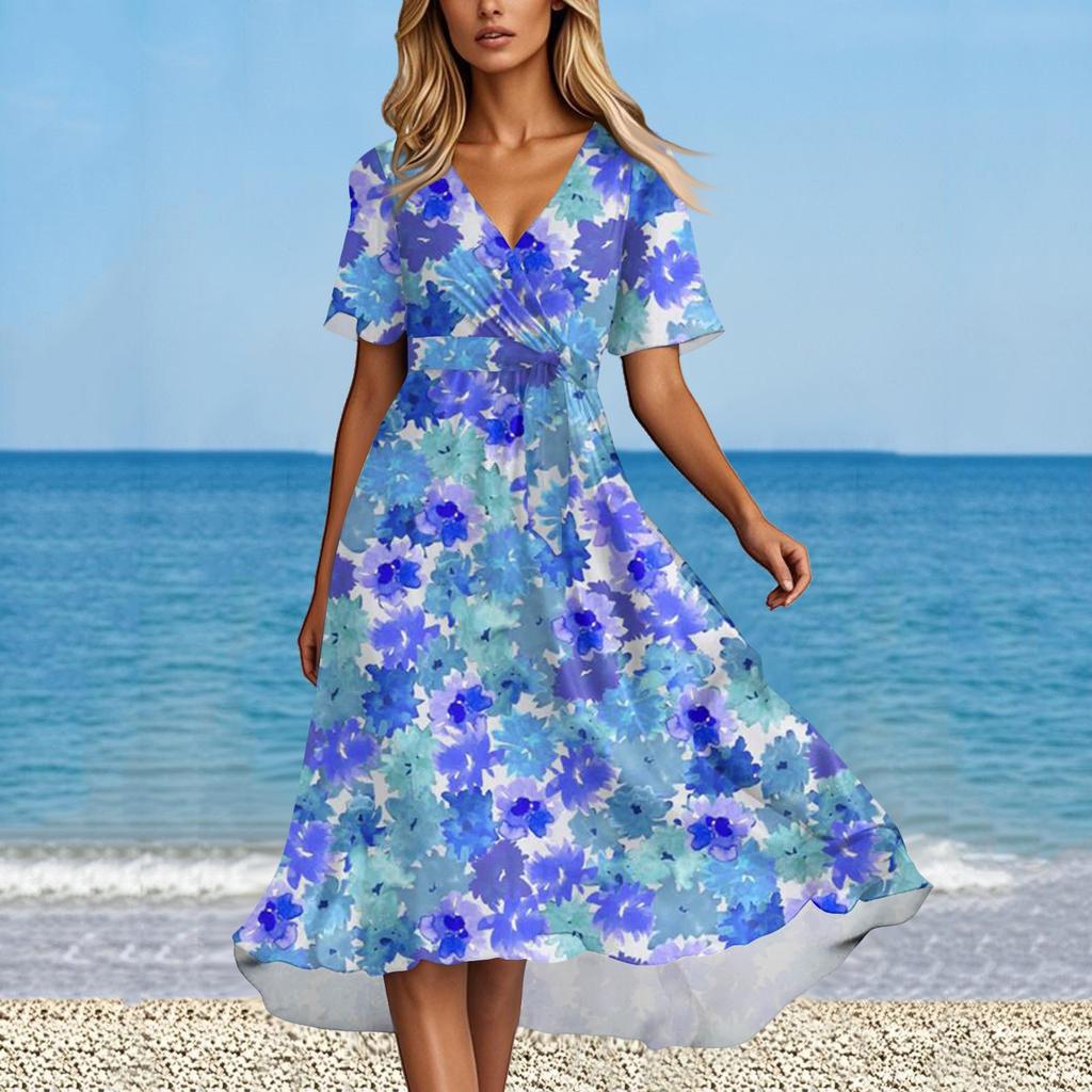 Женское летнее модное расклешенное платье с V-образным вырезом и короткими рукавами с цветочным принтом