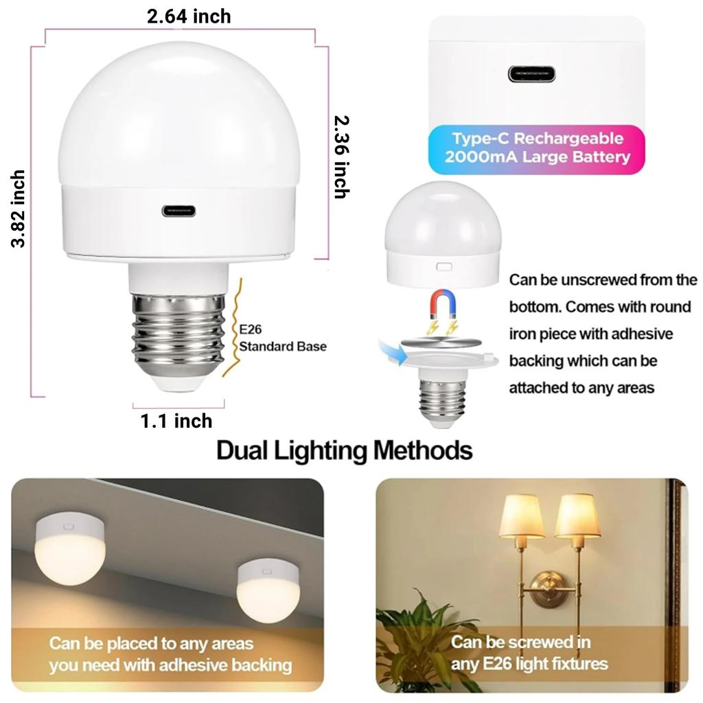 Rechargeable Light Bulbs with Remote Control E26/E27 Screw Mouth Atmosphere Light Bulb Timeable RGB Dimmable Magnetic Attraction