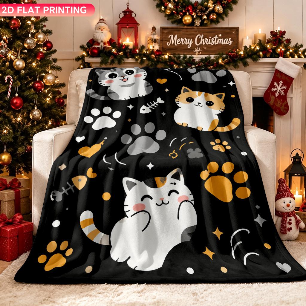 Blanket 1pc Happy Cats And Paws 2D-printed Flannel Throw Blanket-soft and Cozy Suitable for Use on the Sofa While Traveling at the