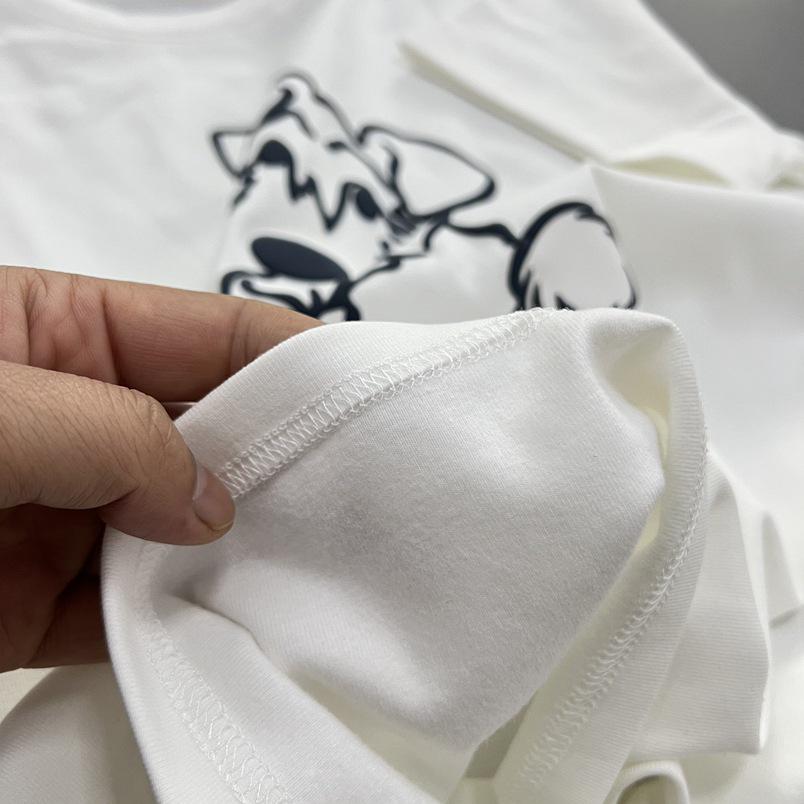 Women's White Round Neck Puppy Print T-Shirt - Short Sleeve, Loose, Versatile, Slimming Top for Spring/Summer