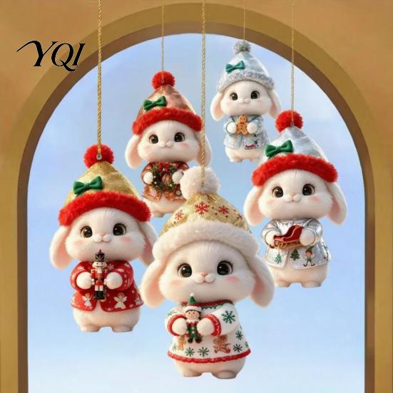 Christmas Garland Hanging Ornaments Bunny Wooden Ornament, 2D Flat Rabbit Decor with Santa Indoor Holiday Party Decorations Hat, Tree Pendant