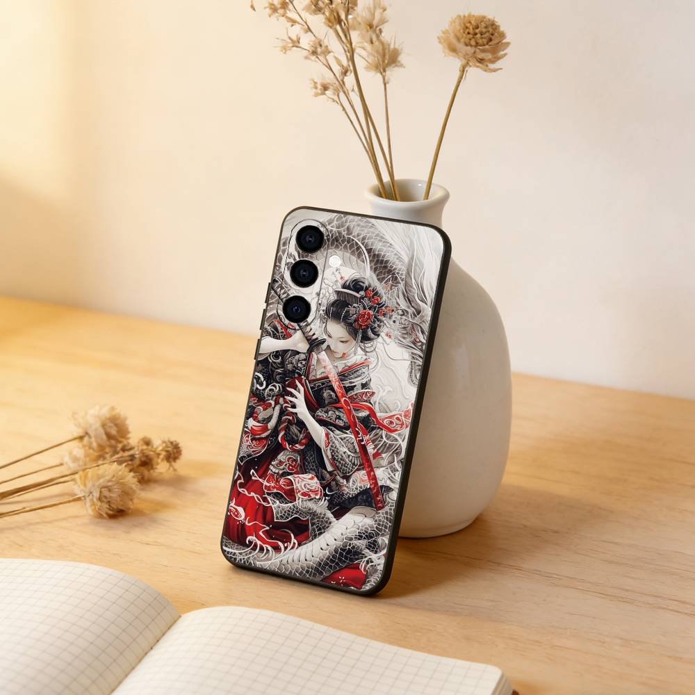 Samurai Warrior Geisha Phone Case For Samsung Galaxy A73,A72,A71,A70,A53,A52,A51,Others Soft Black Cover