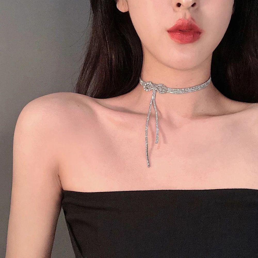 Party Trendy Chain Zircon Tassel Bow Woman Clavicle Choker Korean Necklace Neck Jewelry Crystal