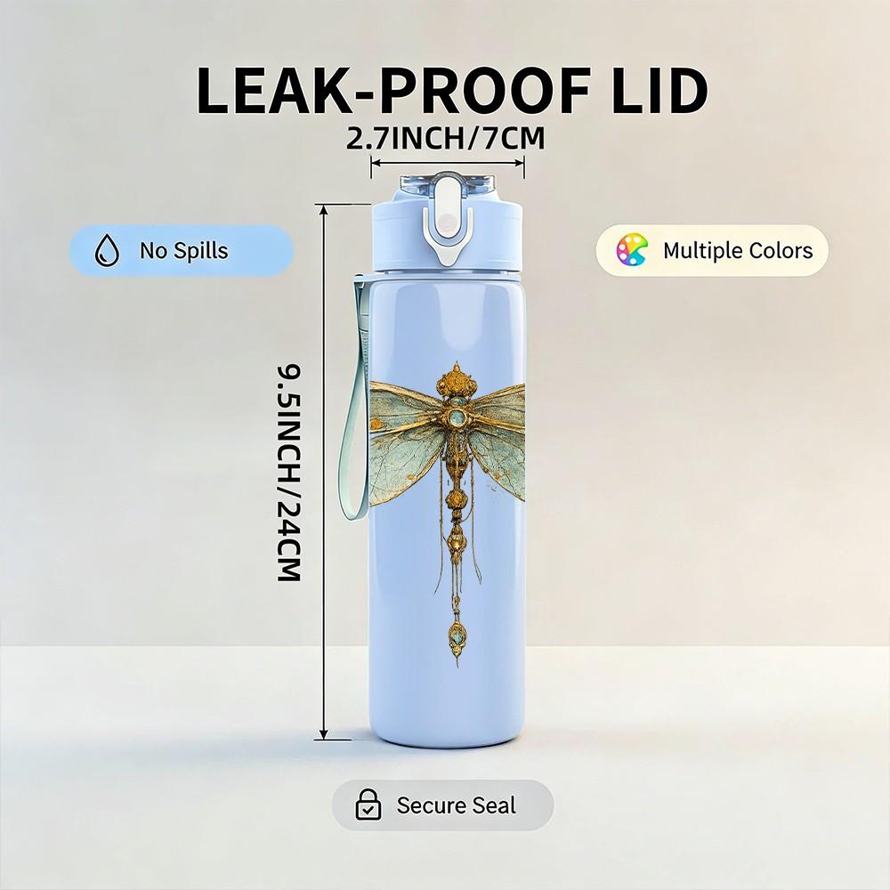 1PC Thin Line Dragonfly Insect Art Print 750ml Color Plastic Sports Water Bottle Leakproof Flip Straw Lid Suitable for Sports Office Home Use