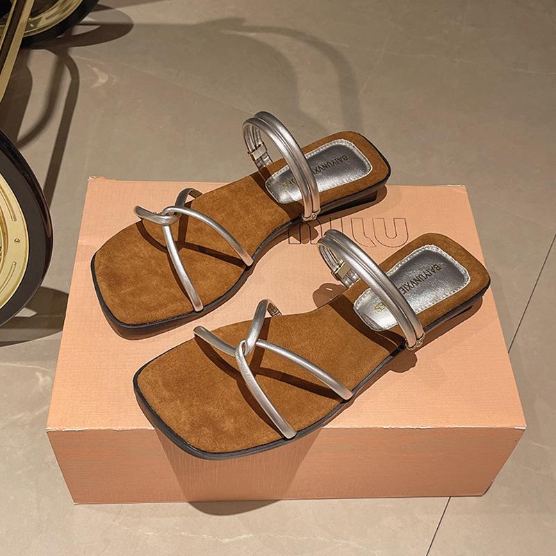 Fashion versatile Internet celebrity retro sense square head word with slope heel sandals women summer Maillard two wear sandals