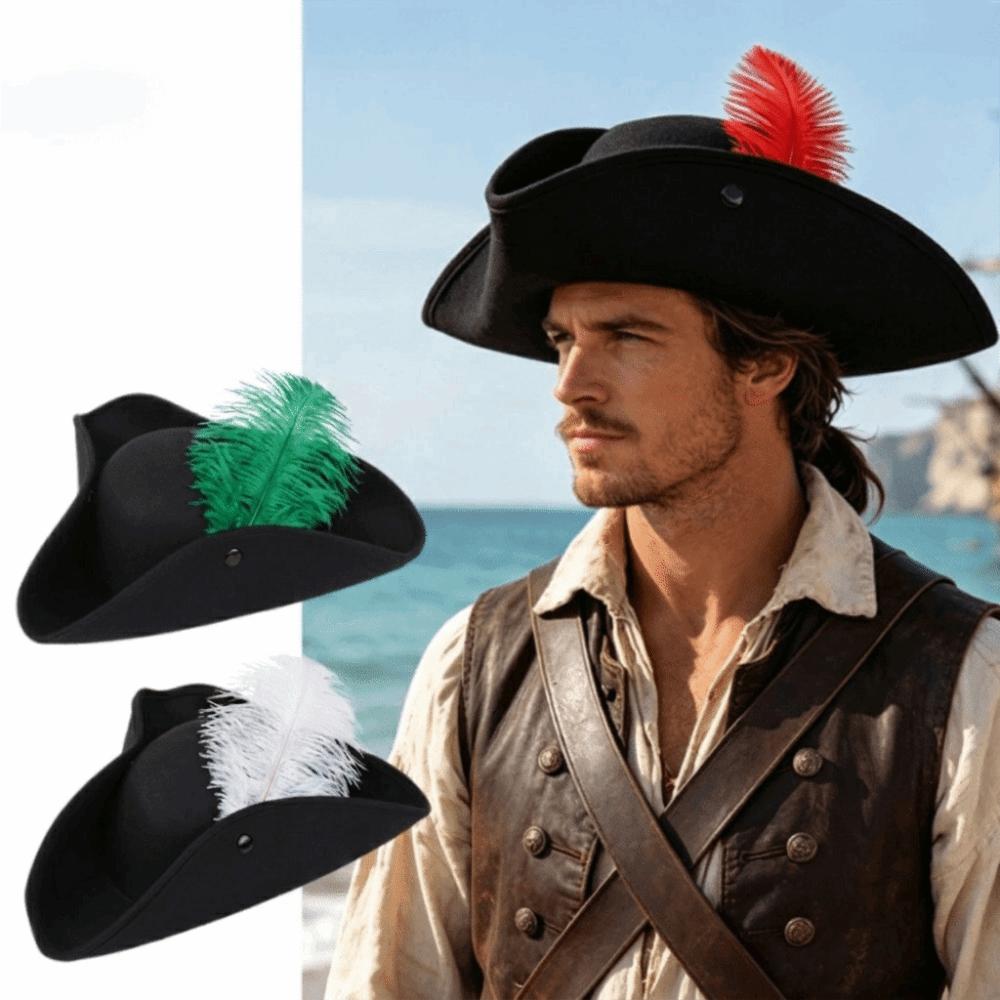 Classic Retro Tricorn Hat Feather Decorated Costume Hat Pirate Headwear Cosplay Events