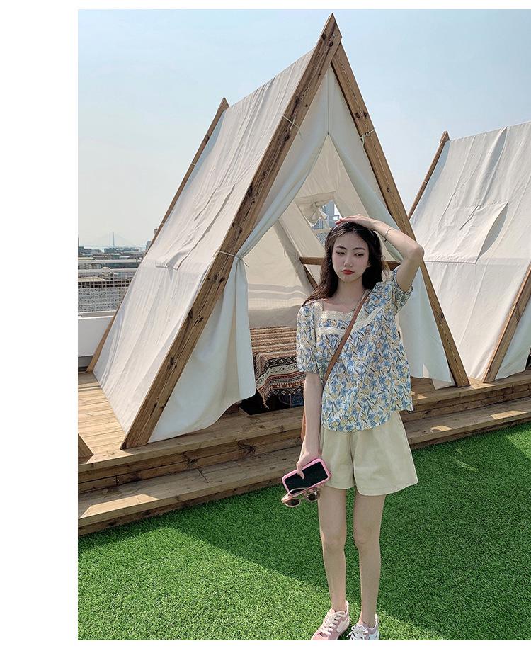 Женский шикарный топ с цветочным принтом и французским квадратным вырезом 2023 года с рукавами-фонариками