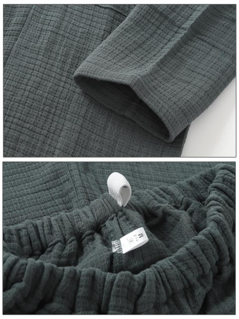 Pajama Family Men's Hotel Pajama Set, 100% Cotton Waffle Triple-Ply Gauze, Long Sleeve, Spring, Autumn, Winter, Blue, Navy, Khaki, M, L, LL (L, Navy)