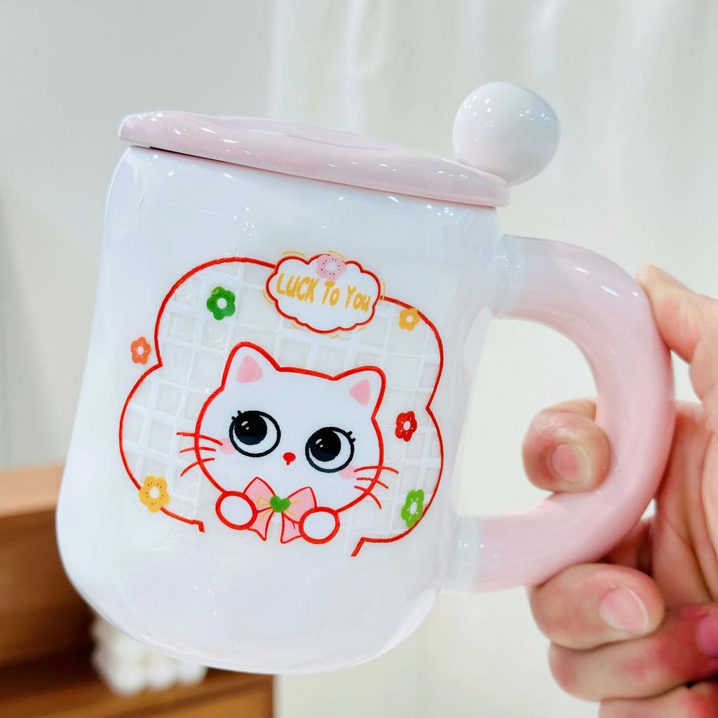 Cat Cup Household Set High Temperature Resistant Water Cup with Lid Spoon Cartoon Mug High Appearance Large Capacity Ceramic Cup