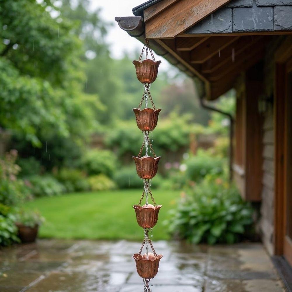 Japanese Style Rain Chain for Gutters 7 Cups Water Drainage Chain Metal Tulip Rain Chain Landscape
