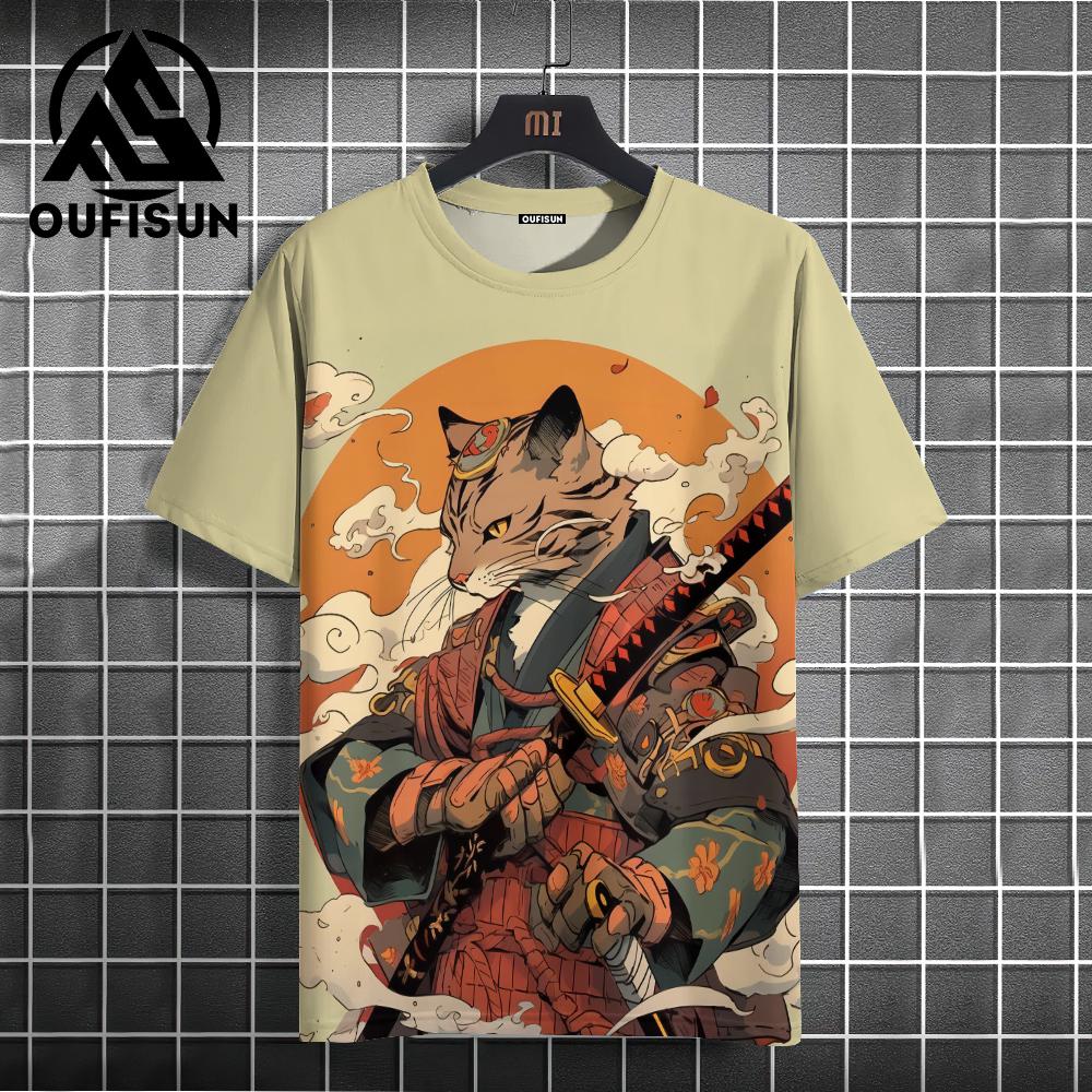Men's Animal T-Shirt Japanese Samurai Cat Element Graphic 3D Print T-Shirt