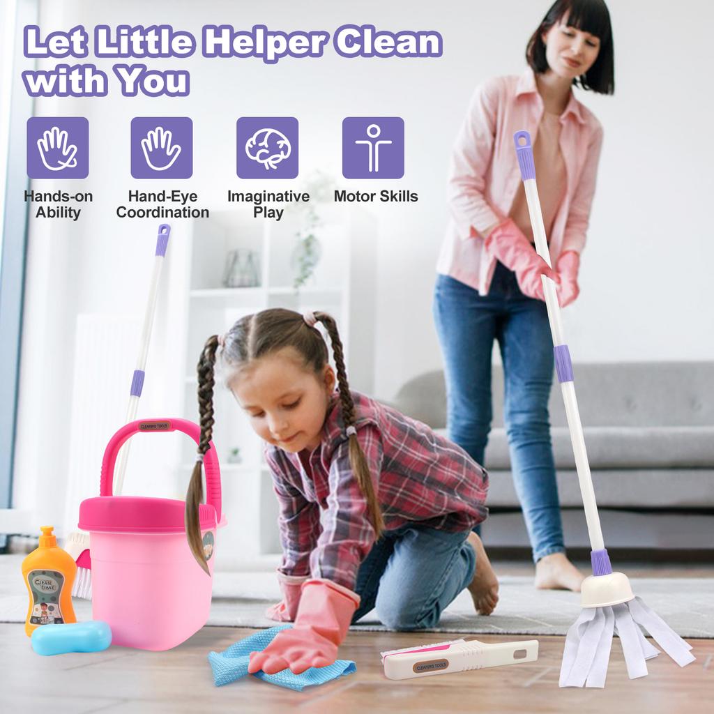 12 шт./компл. Набор для уборки Имитация набора для домашних дел с метлой, совком, ведром, шваброй Образовательные игрушки для ролевых игр для детей Подарки