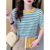 2026 Stripe Tops Women Knitted Round Collar Summer Print Short Sleeve Casual Simple Wild T-Shirt