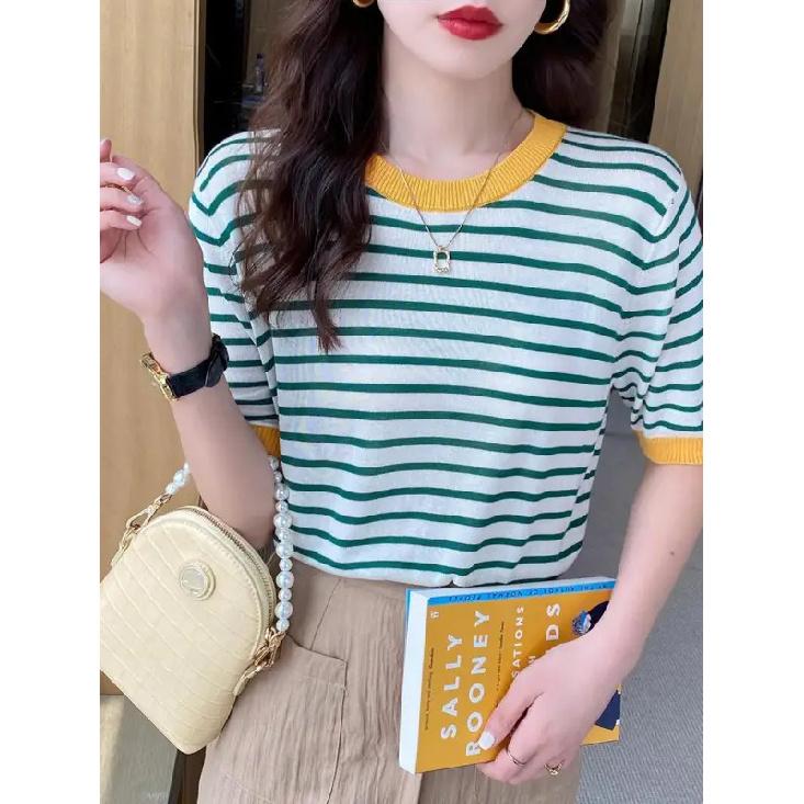 2026 Stripe Tops Women Knitted Round Collar Summer Print Short Sleeve Casual Simple Wild T-Shirt