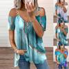 Women Fashion Casual Clothes Pattern Flower Printed Cold Shoulder Short Sleeved Tops V -Neck Zipper Blouses Ladies T -Shirt Loose Plus Size Shirts
