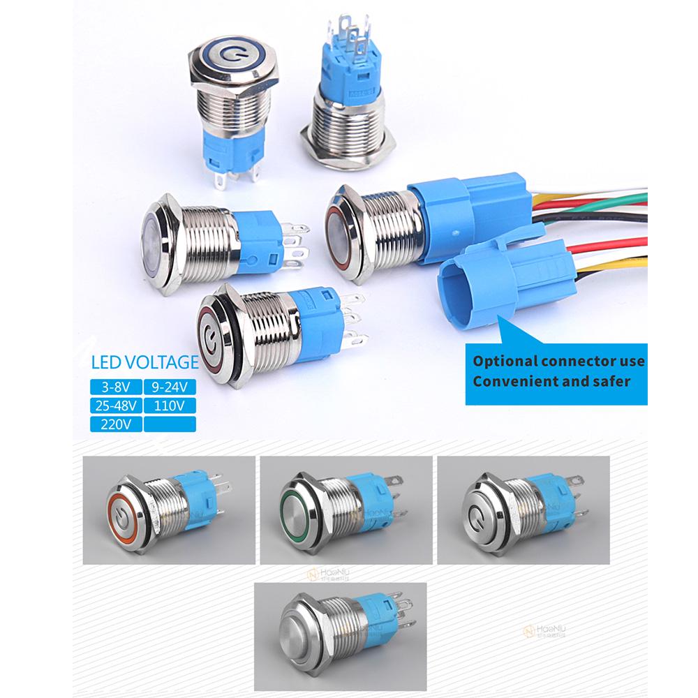 16 мм самоблокирующийся водонепроницаемый металлический кнопочный светодиодный переключатель многоцветный красный синий зеленый желтый
