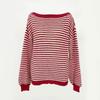 Versatile Knitted Top One-Row Neck Lace-Up Style Sweater Loose Fit Striped Lantern Sleeve Tops