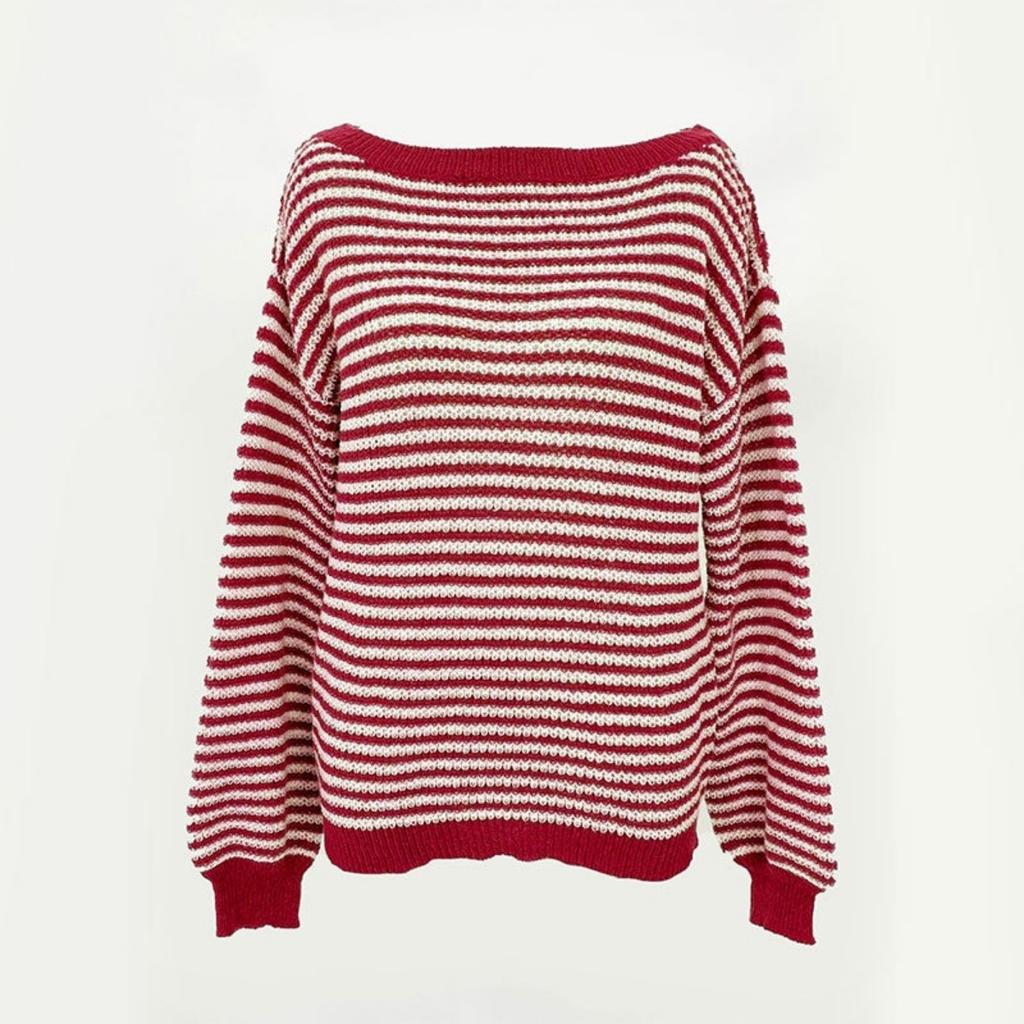 Versatile Knitted Top One-Row Neck Lace-Up Style Sweater Loose Fit Striped Lantern Sleeve Tops