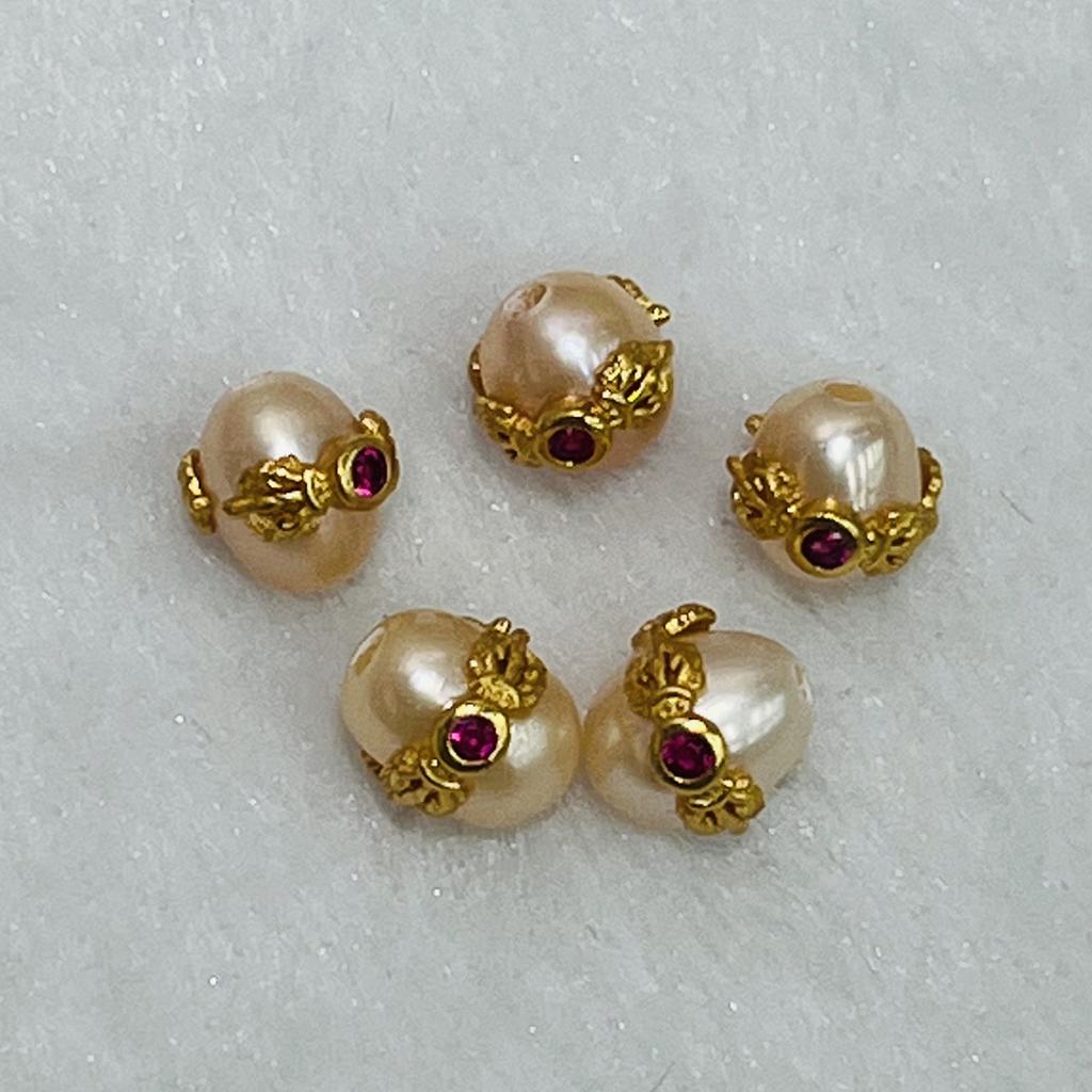 1 шт., Искусственные жемчужные бусины с золотой оправой и красными драгоценными камнями, Розовые рисовые бусины с отверстием, для изготовления ювелирных изделий, материалы для DIY, аксессуары 0,9-1 см