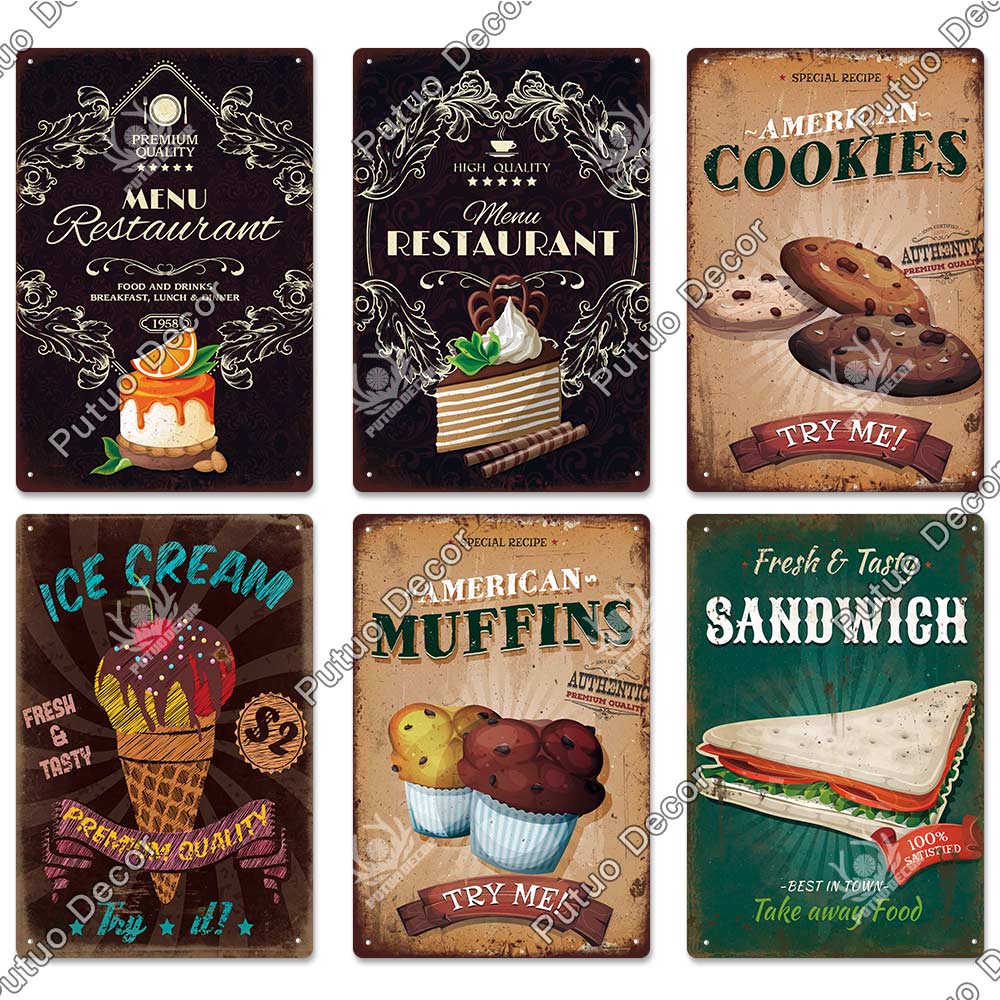 Putuo Decor Donuts Dessert Vintage Plaque Metal Plate Tin Sign Wall Art Decor Retro Poster for Kitchen Cafe Home Iron Painting