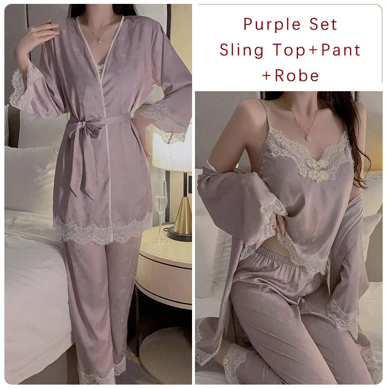 Сексуальный комплект пижамы для женщин, Новая кружевная пижама с чашечками и бретелями, Кружевные топы, Брюки и Комплекты пижамных накидок для женщин