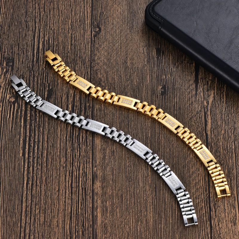 Stainless Steel Geometric Link Bracelet With Crystal Inlay Men Women Fashion OL Style Adjustable Chain Jewelry