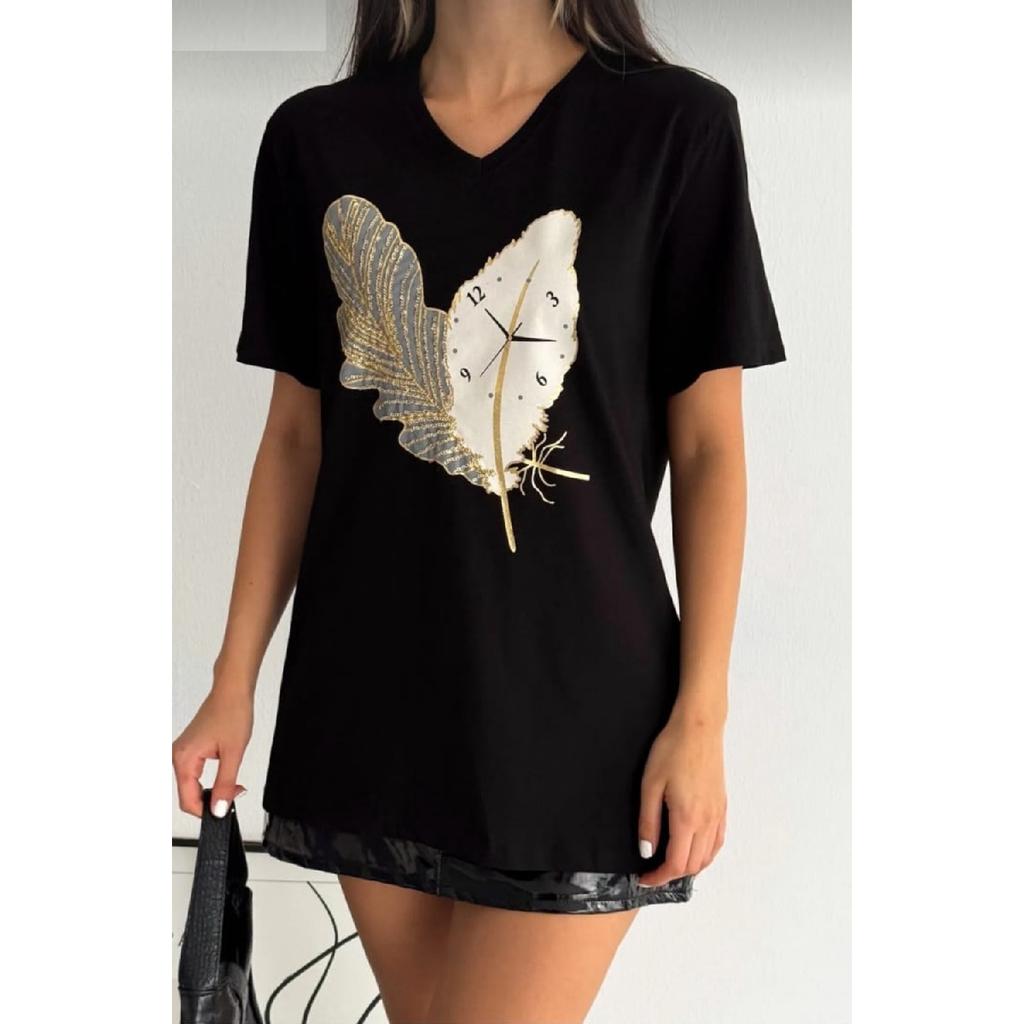 Женская черная футболка из 100 % хлопка с v-образным вырезом и вышивкой пайетками больших размеров