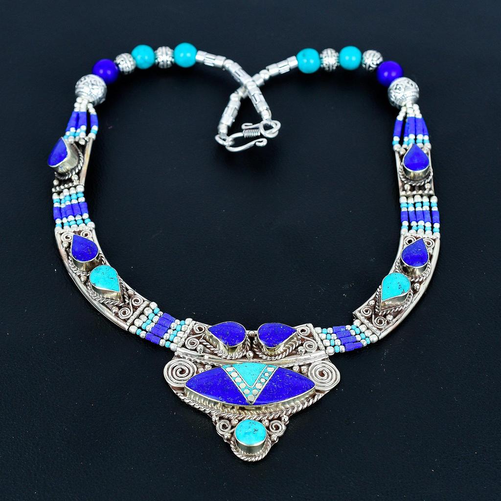 Turquoise, Lapis Lazuli 925 Sterling Silver Necklace Tibetan Silver Necklace Bohemian Antique Necklace Handmade Jewelry Nepali Necklace Gift For Wife