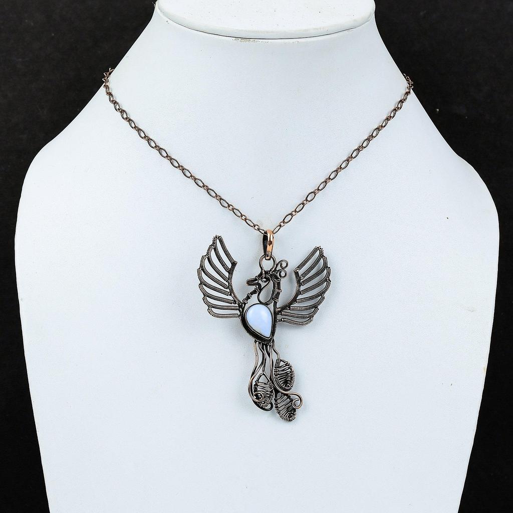 Подвеска из голубого кружевного агата, подвеска из медной проволоки, подвеска ручной работы в виде птицы Феникс, подвеска из драгоценного камня, подарок для женщин, очень красивые медные украшения