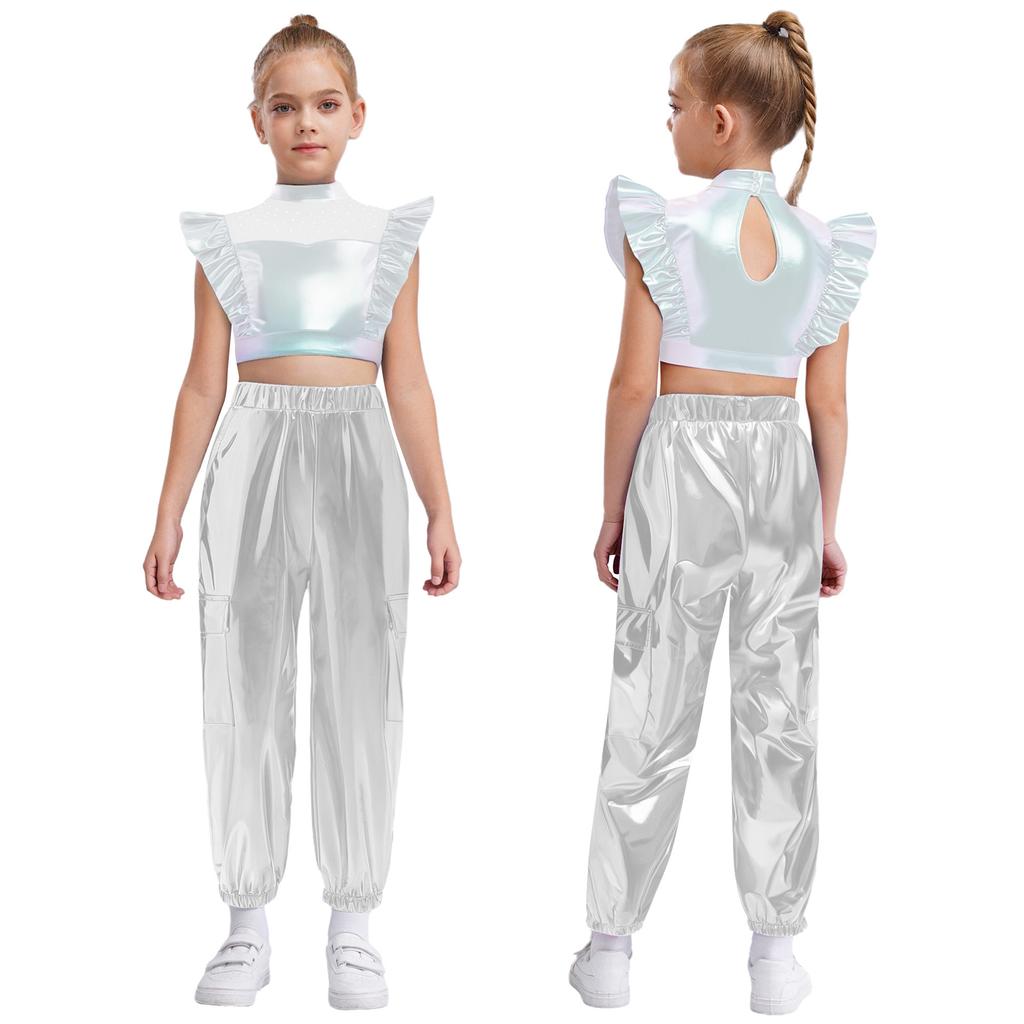 Girls Hip-Hop Dance Costume Mock Neck Rhinestone Mesh Patchwork Sleeveless Metallic Ruffle Top Paired with Shiny Cargo Pants for Competition