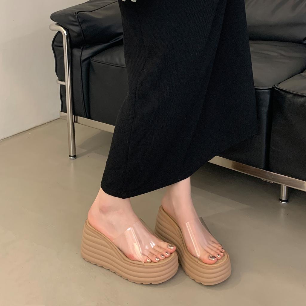 Летние сексуальные высокие каблуки модные водонепроницаемые прозрачные удобные тапочки на толстой танкетке для женщин