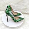 Модные туфли из лакированной кожи с зеленым узором на высоком каблуке, универсальная женская обувь для платьев и юбок.