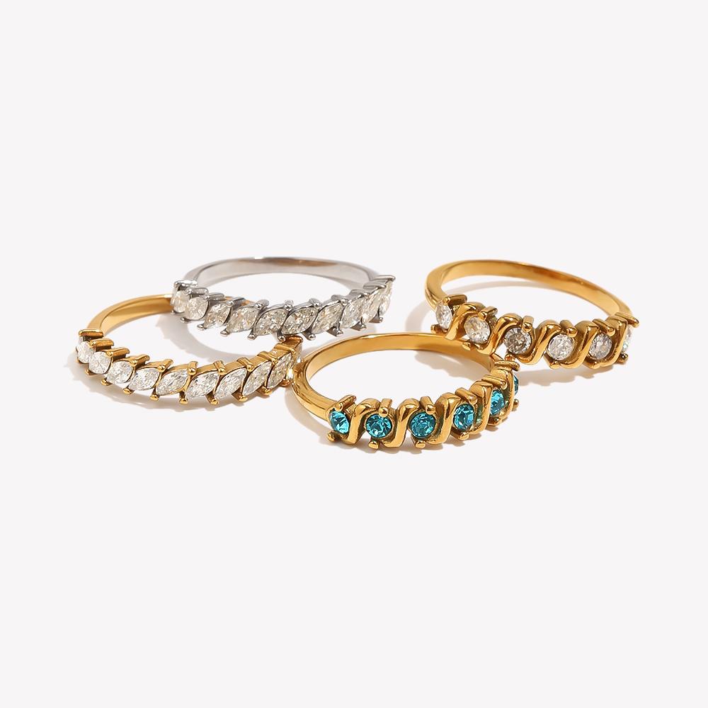 E.B.belle Multi-Shape Wave Half CZ Band Ring 316L Stainless Steel 18K Gold Plated Rings For Women Fashion Elegant Ladies Jewelry