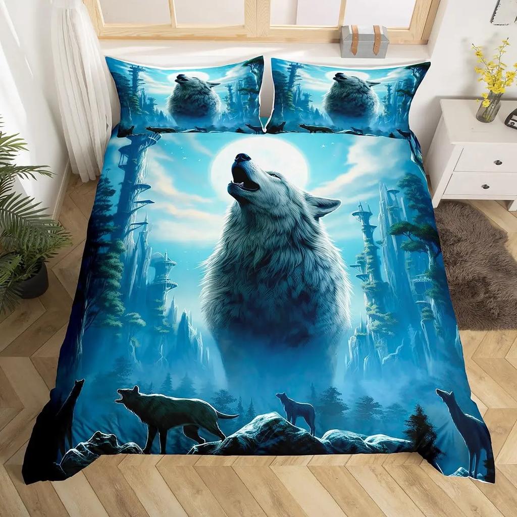 Wolf Warm Comforter Cover King Quen,Safari Animal Beding Set for Young Boys Adult Peoples Wild Wolves Soft Duvet Cover Smoky Mountain Comfortable
