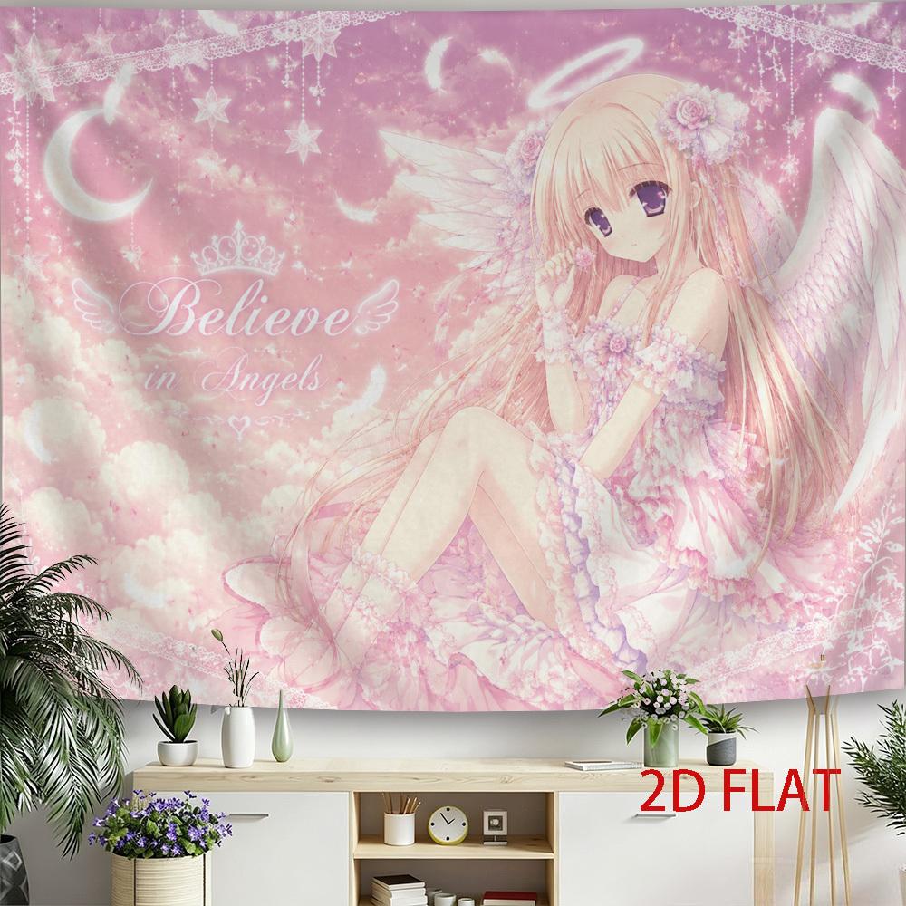 Розовая Kawaii Аниме Ангел Девушка Гобелен Настенный Повес Верь в Ангелов Луна Звезда Облако Пастельная Мечтательная Настенная Картина для Спальни Общежития