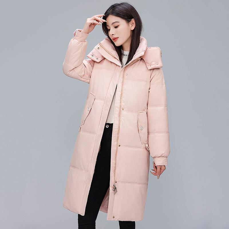 Пуховик женский средней длины зимний модный корейский стиль съемный капюшон теплая куртка на утином пуху зима
